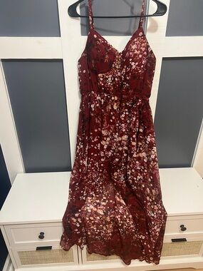 Floral Burgundy Midi Dress with Spaghetti Straps